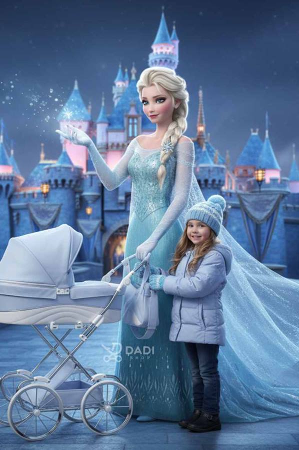 Elsa z bajki Kraina Lodu i dziewczynka prezentują niebieski wózek dla lalek Junama Lulla w bajkowej, zimowej scenerii